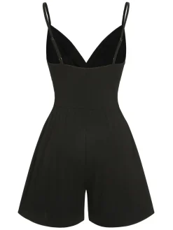 Clearance Retro Stage 1950s Solid V-Neck Spaghetti Straps Romper Black