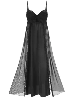 Online Retro Stage Black 1950s Spaghetti Strap Bow Lace Mesh Nightgown
