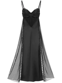 Online Retro Stage Black 1950s Spaghetti Strap Bow Lace Mesh Nightgown