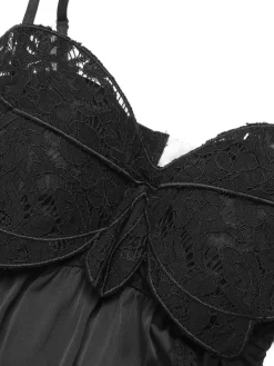Online Retro Stage Black 1950s Spaghetti Strap Bow Lace Mesh Nightgown