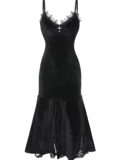 Best Retro Stage 1930s Spaghetti Strap Cross Lace Dress Black