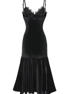 Best Retro Stage 1930s Spaghetti Strap Cross Lace Dress Black