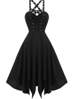 Online Retro Stage 1950s Spaghetti Strap Gothic Style Dress Black