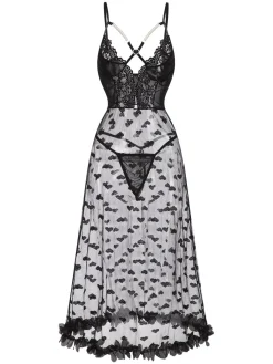 Sale Retro Stage 1950s Spaghetti Strap Heart Lace Nightgown Black