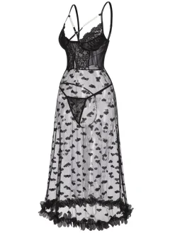 Sale Retro Stage 1950s Spaghetti Strap Heart Lace Nightgown Black
