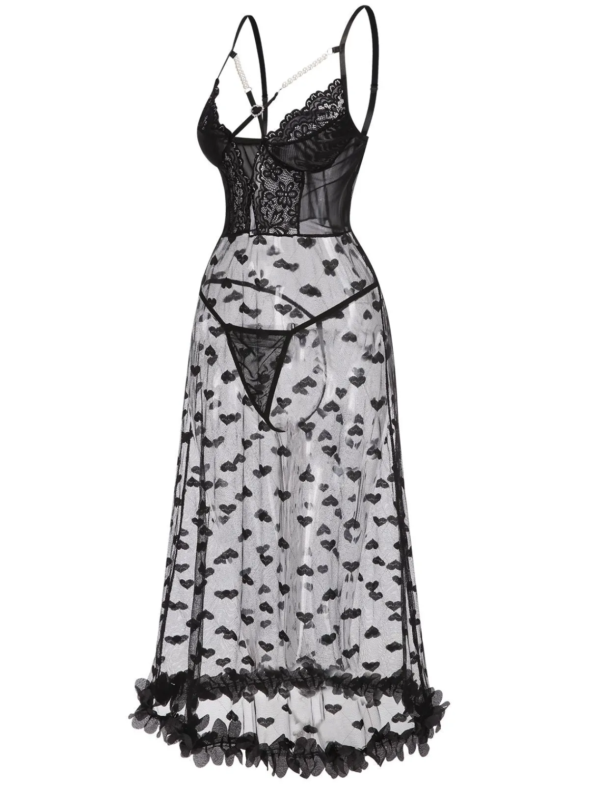 Sale Retro Stage 1950s Spaghetti Strap Heart Lace Nightgown Black