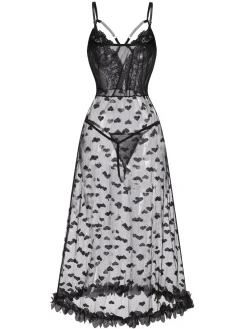 Sale Retro Stage 1950s Spaghetti Strap Heart Lace Nightgown Black