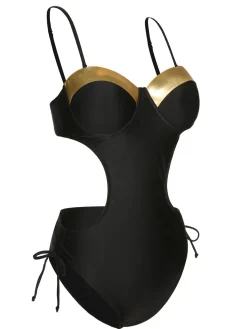 Outlet Retro Stage 1970s Spaghetti Strap Hollow One-Piece Swimsuit Black