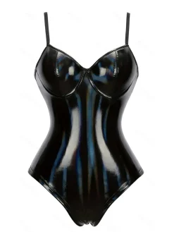 Online Retro Stage 1980s Spaghetti Strap Leather Bodysuit Black