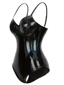 Online Retro Stage 1980s Spaghetti Strap Leather Bodysuit Black