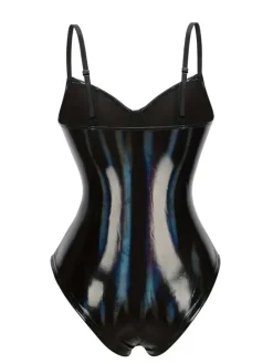 Online Retro Stage 1980s Spaghetti Strap Leather Bodysuit Black
