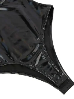 Online Retro Stage 1980s Spaghetti Strap Leather Bodysuit Black