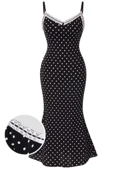 Sale Retro Stage 1930s Spaghetti Strap Polka Dots Mermaid Dress Black