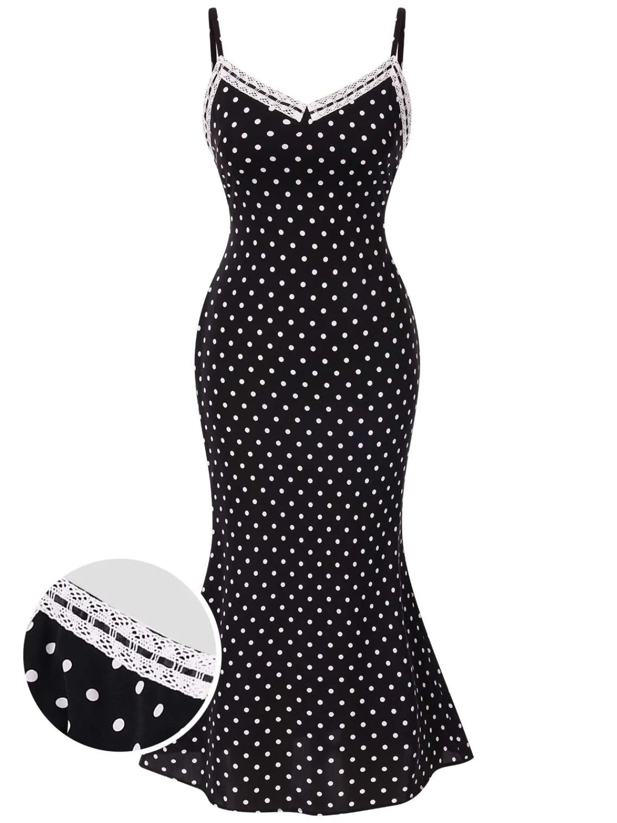 Sale Retro Stage 1930s Spaghetti Strap Polka Dots Mermaid Dress Black