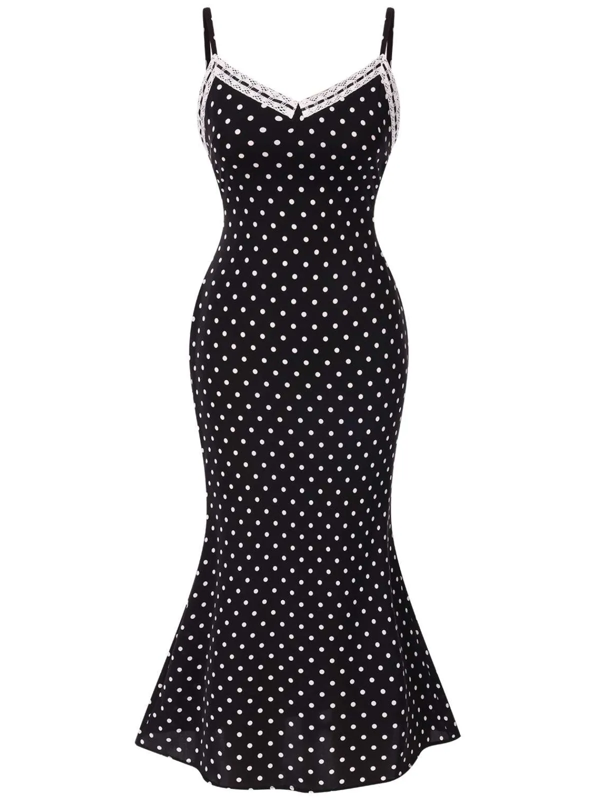 Sale Retro Stage 1930s Spaghetti Strap Polka Dots Mermaid Dress Black