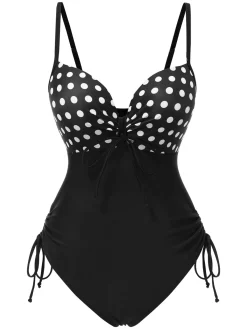 Online Retro Stage 1950s Spaghetti Strap Polka Dot One-Piece Swimsuit Black