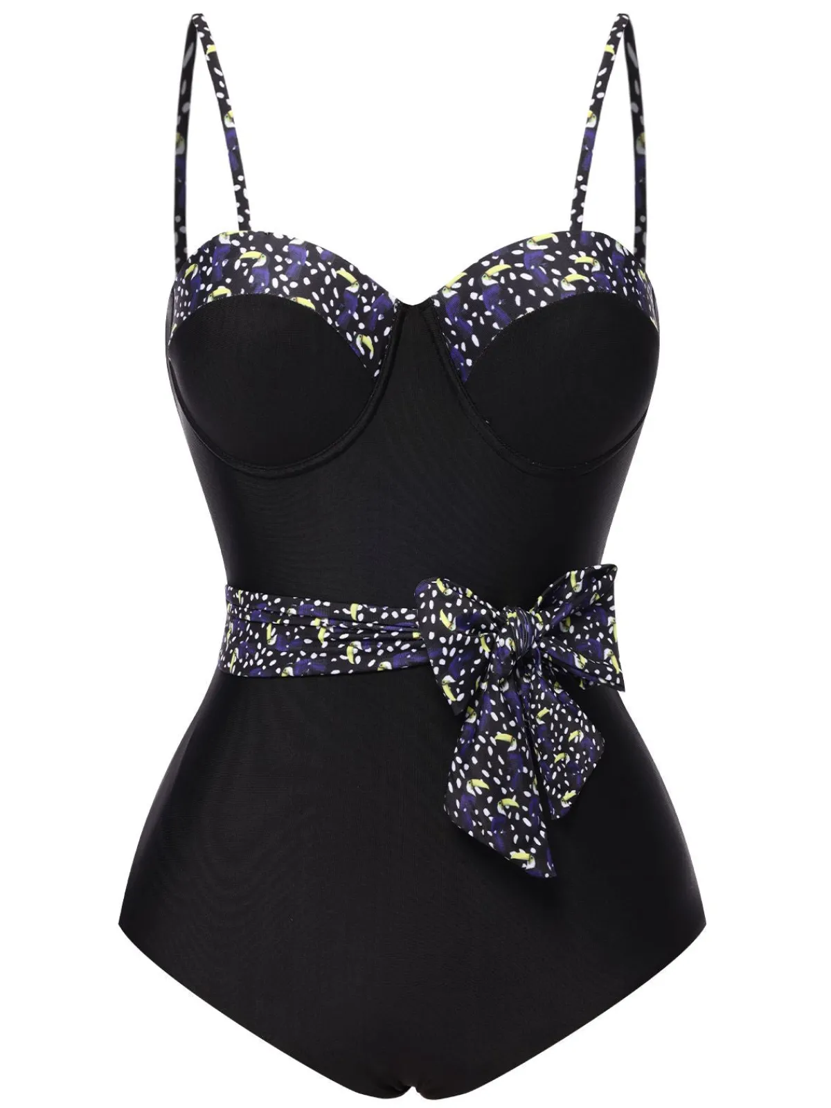 Fashion Retro Stage 1930s Spaghetti Strap Polka Dots Bow Swimsuit Black