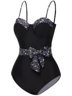 Fashion Retro Stage 1930s Spaghetti Strap Polka Dots Bow Swimsuit Black