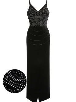 Online Retro Stage 1960s Spaghetti Strap Velvet Beading Dress Black