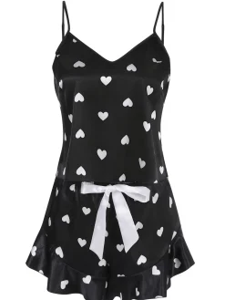 Hot Retro Stage 1970s Spaghetti Straps Satin Heart Pajamas Black