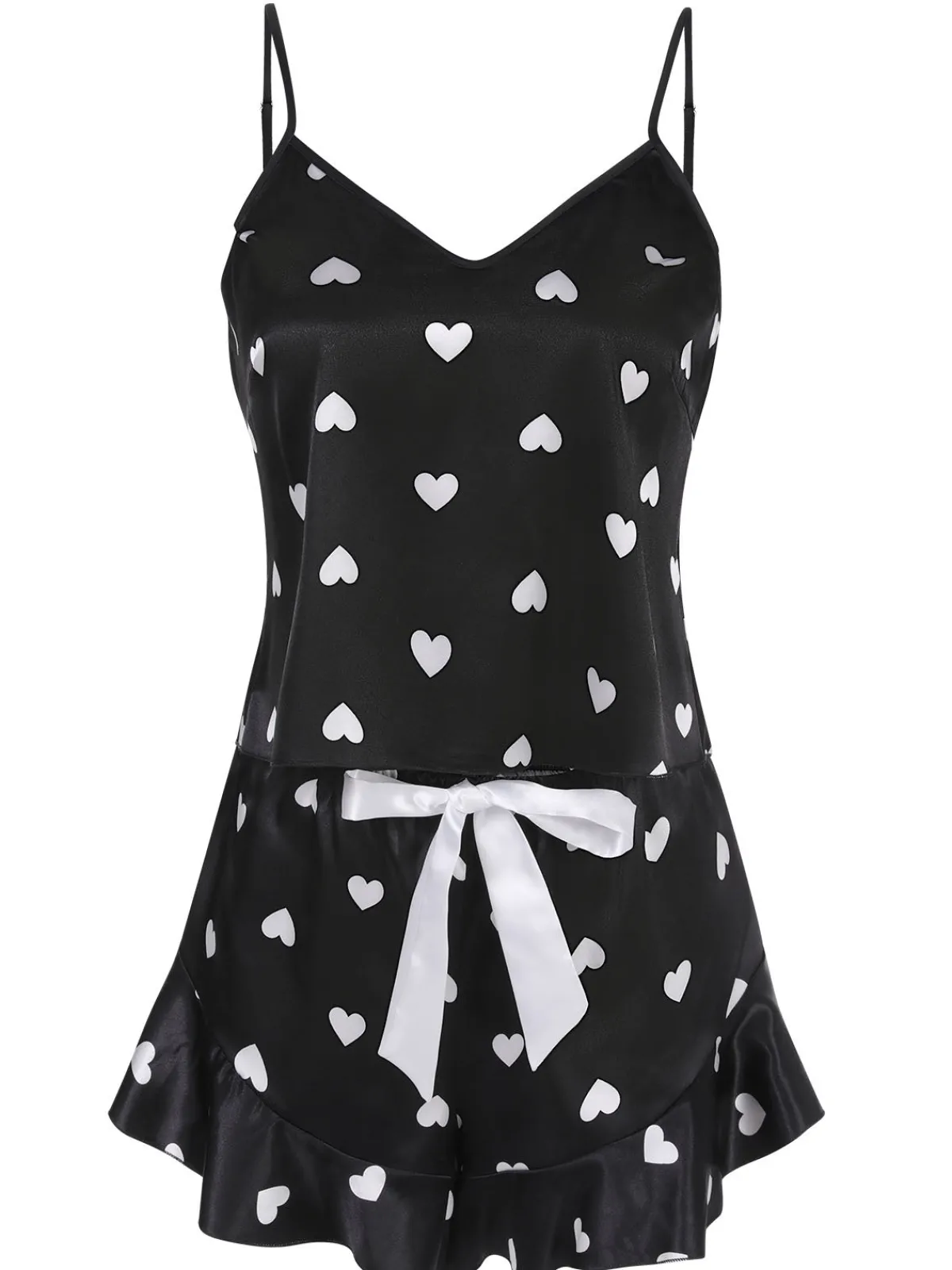 Hot Retro Stage 1970s Spaghetti Straps Satin Heart Pajamas Black