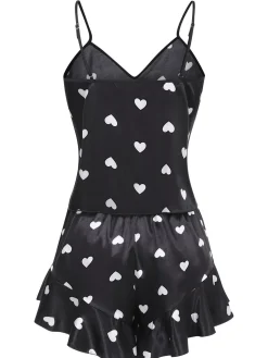 Hot Retro Stage 1970s Spaghetti Straps Satin Heart Pajamas Black