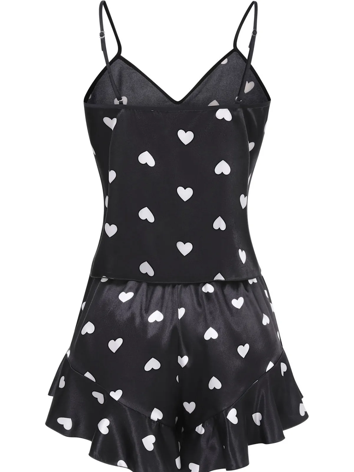 Hot Retro Stage 1970s Spaghetti Straps Satin Heart Pajamas Black