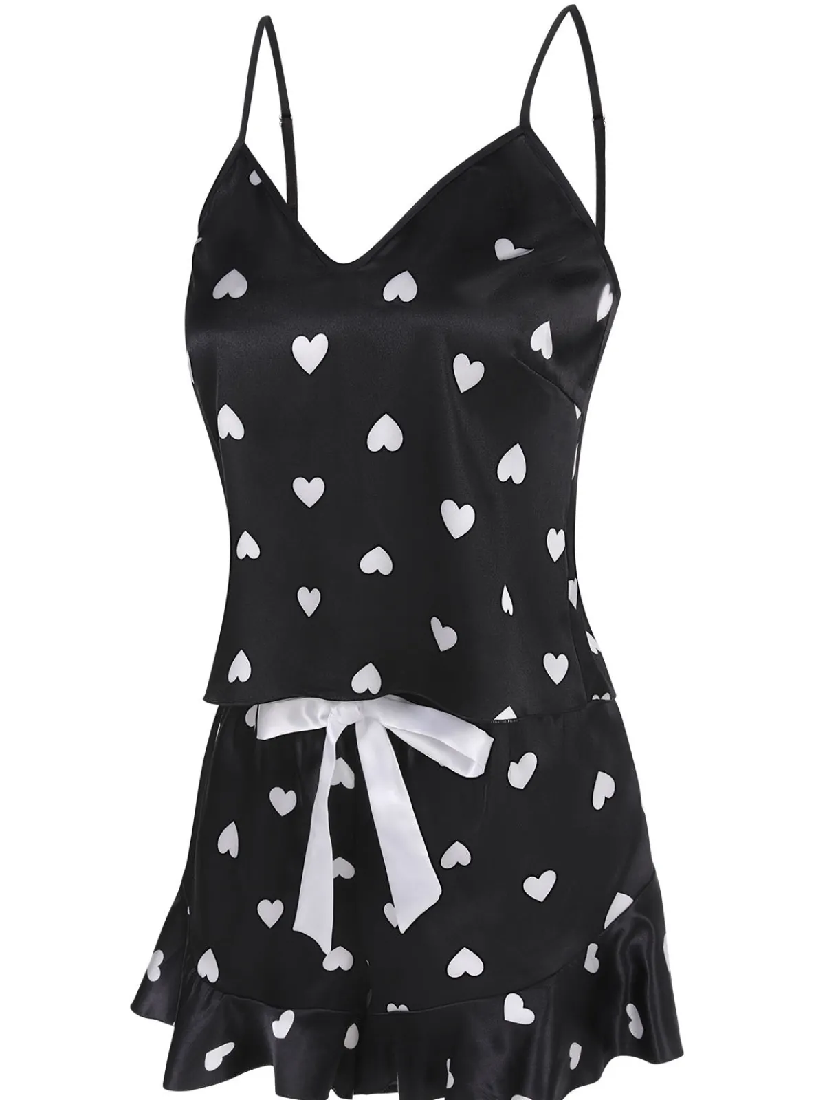 Hot Retro Stage 1970s Spaghetti Straps Satin Heart Pajamas Black