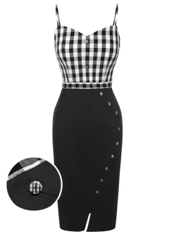Fashion Retro Stage 1960s Spaghetti Straps Plaid Patchwork Dress Black