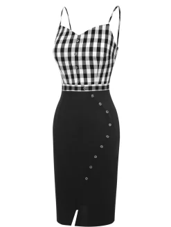 Fashion Retro Stage 1960s Spaghetti Straps Plaid Patchwork Dress Black