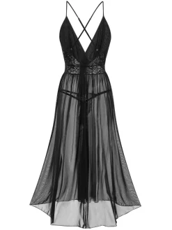 Sale Retro Stage 1940s Sparkling Mesh Back Cross Straps Nightgown Black