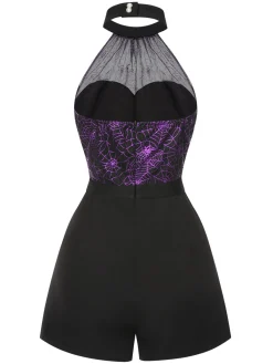 New Retro Stage 1950s Spiderweb Laser Mesh Halter Romper Black