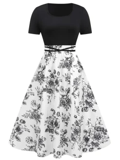 Clearance Retro Stage 1950s Square Neck Floral Dress Black