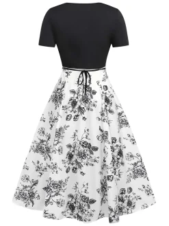 Clearance Retro Stage 1950s Square Neck Floral Dress Black