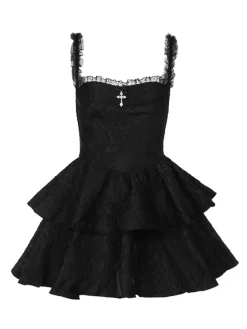 Sale Retro Stage 1950s Square Neck Lace Print Cross Bubble Dress Black