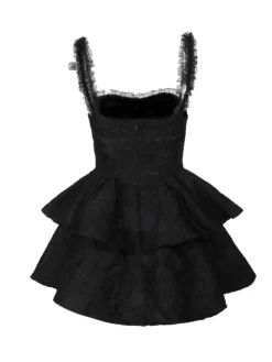 Sale Retro Stage 1950s Square Neck Lace Print Cross Bubble Dress Black