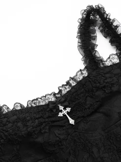 Sale Retro Stage 1950s Square Neck Lace Print Cross Bubble Dress Black