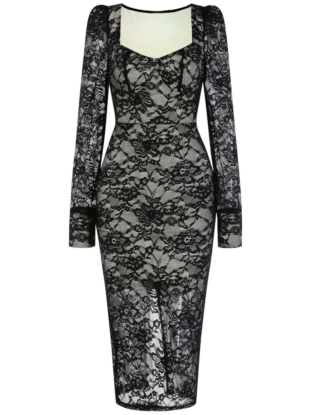 Discount Retro Stage 1960s Square Neck Lace Bodycon Dress Black