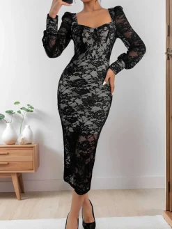 Discount Retro Stage 1960s Square Neck Lace Bodycon Dress Black