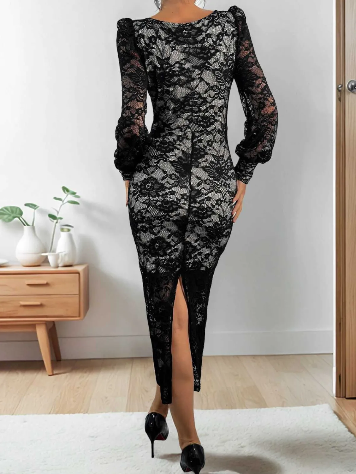 Discount Retro Stage 1960s Square Neck Lace Bodycon Dress Black