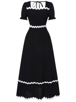 New Retro Stage 1930s Square Neck Lace-Up Puff Sleeve Dress Black