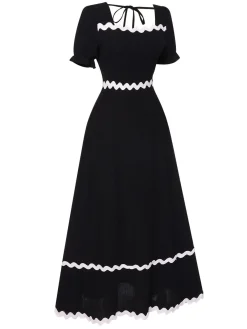 New Retro Stage 1930s Square Neck Lace-Up Puff Sleeve Dress Black