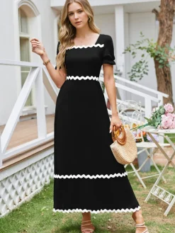 New Retro Stage 1930s Square Neck Lace-Up Puff Sleeve Dress Black