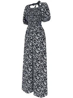 Best Retro Stage 1930s Square Neck Puff Floral Jumpsuit Black