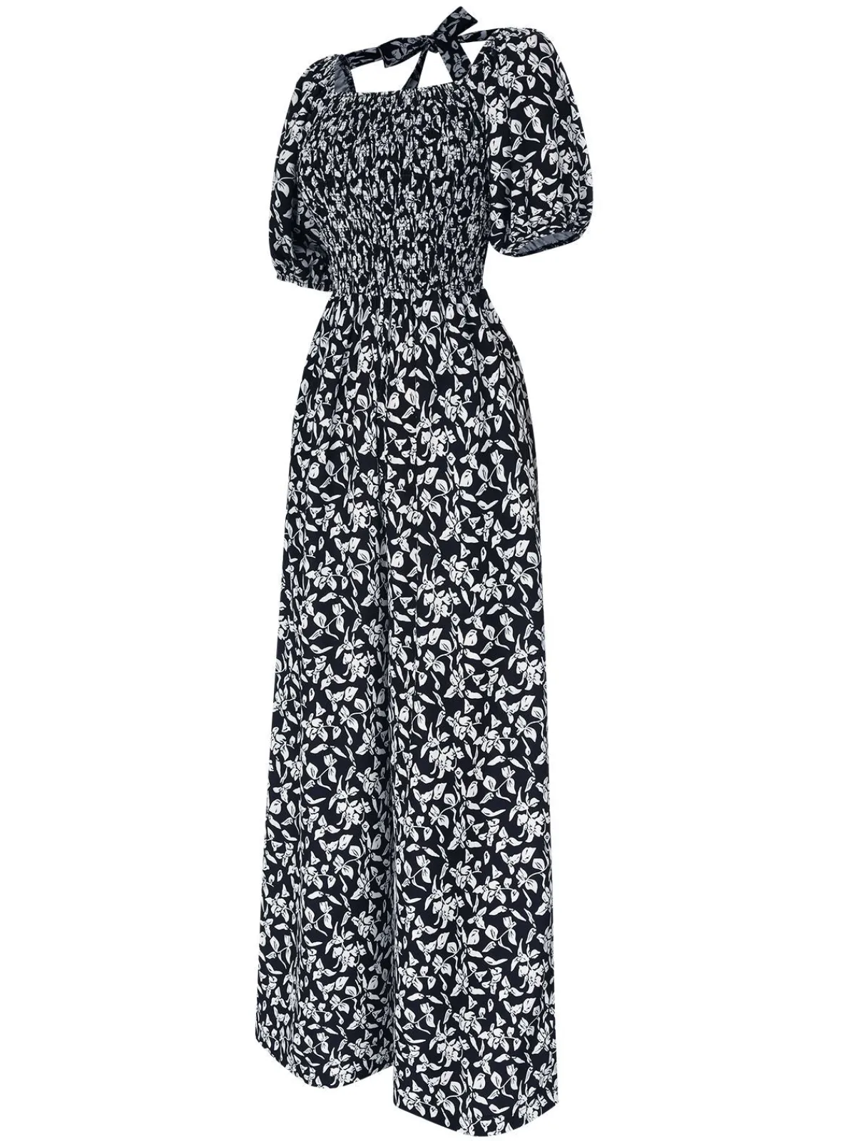 Best Retro Stage 1930s Square Neck Puff Floral Jumpsuit Black
