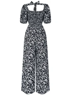 Best Retro Stage 1930s Square Neck Puff Floral Jumpsuit Black