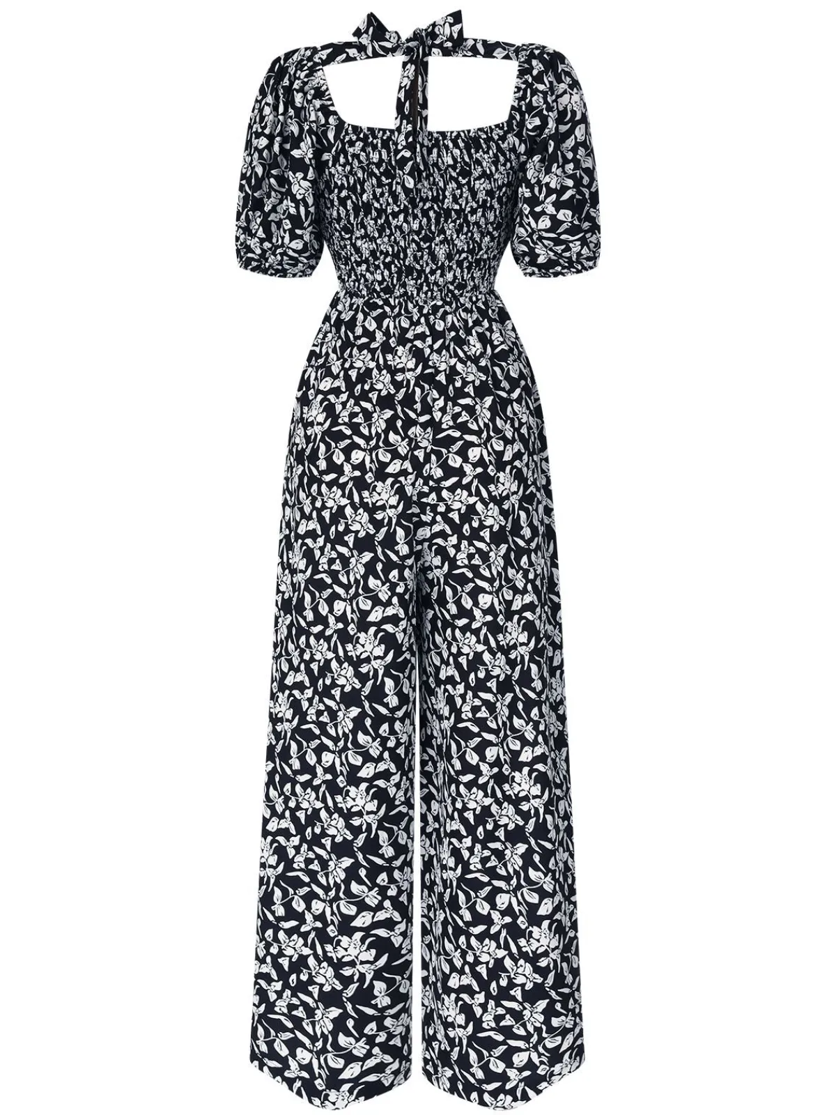 Best Retro Stage 1930s Square Neck Puff Floral Jumpsuit Black