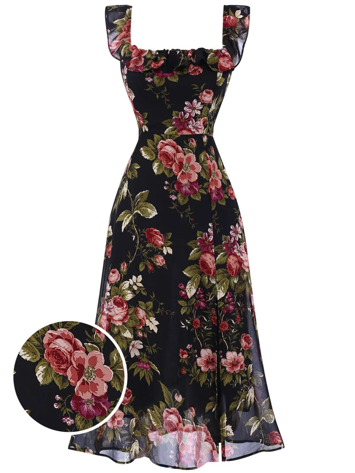 Sale Retro Stage 1930s Square Neck Ruffled Floral Dress Black