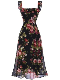 Sale Retro Stage 1930s Square Neck Ruffled Floral Dress Black