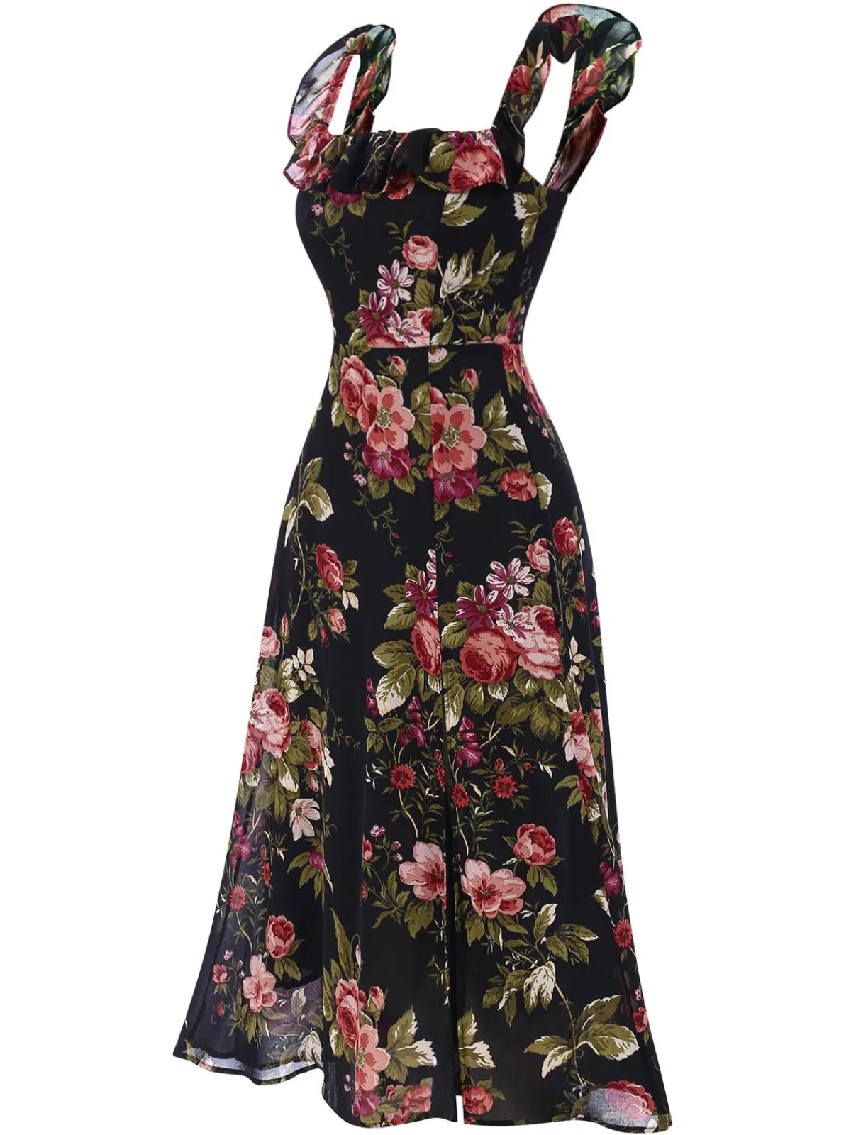 Sale Retro Stage 1930s Square Neck Ruffled Floral Dress Black